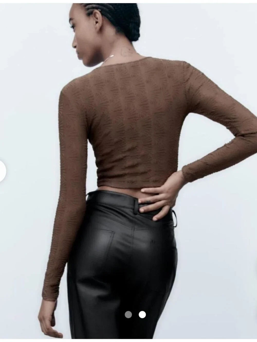 ZARA Textured Brown Long-Sleeve Crop Top